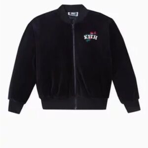 New Kith Navy Velvet Zip-Up Bomber with Embroidered Logo and Red Floral Detail